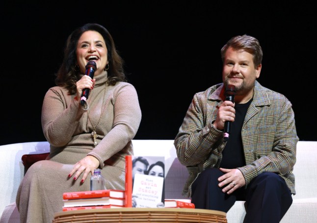 LONDON, ENGLAND - OCTOBER 06: Ruth Jones and James Corden during the "When Gavin Met Stacey And Everything In Between" book event at London Palladium on October 06, 2025 in London, England. "When Gavin Met Stacey And Everything In Between" is released on October 09, 2025. (Photo by Lia Toby/Getty Images for Transworld Publishers)