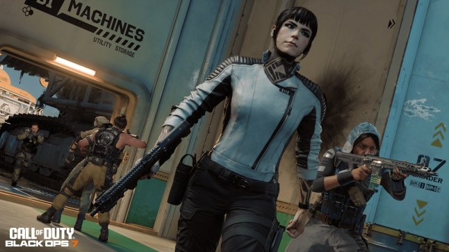 Call of Duty Black Ops 7 soldiers walking through hallway led by unarmoured woman