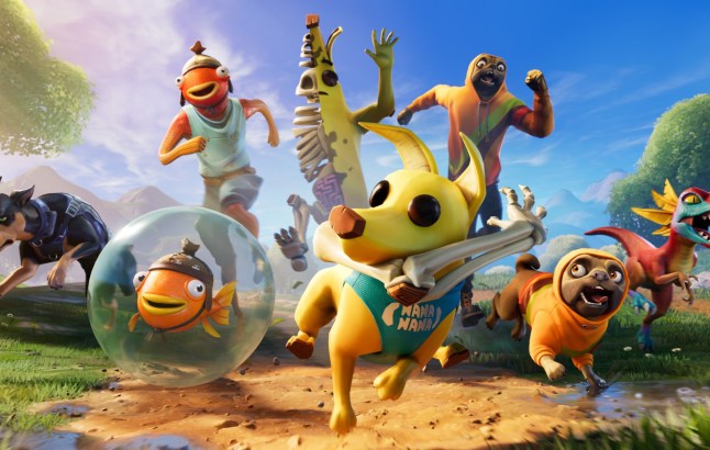 Sidekick pets in Fortnite including a banana dog and a goldfish bowl