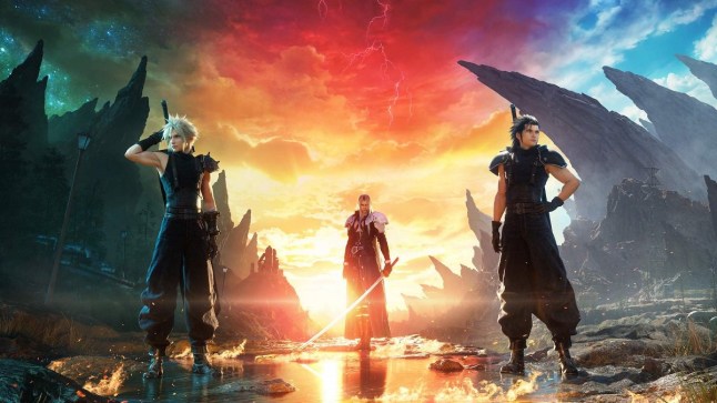 Final Fantasy 7 Rebirth art of Cloud Sephiroth and Zack standing in front of sunset