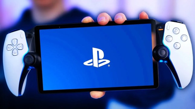 Someone holding a PlayStation Portal in their hand with the PlayStation logo on the screen