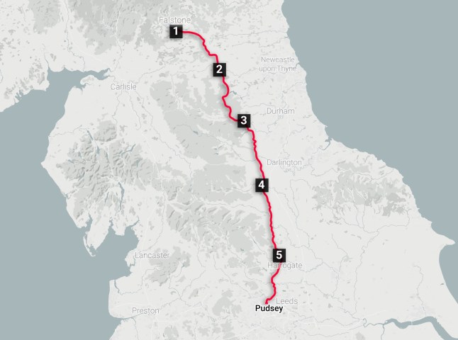METRO GRAPHICS Route map, Falstone to Pudsey. Sara Cox week-long marathon for Children In Need