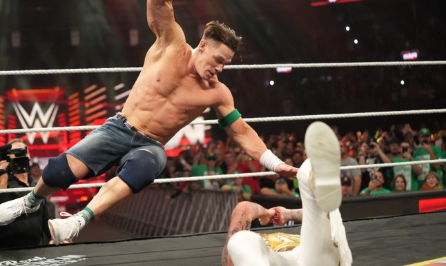 BOSTON, MASSACHUSETTS - NOVEMBER 10: John Cena in action against Dominik Mysterio during Monday Night RAW at TD Garden on November 10, 2025 in Boston, Massachusetts. (Photo by Rich Wade/WWE via Getty Images)