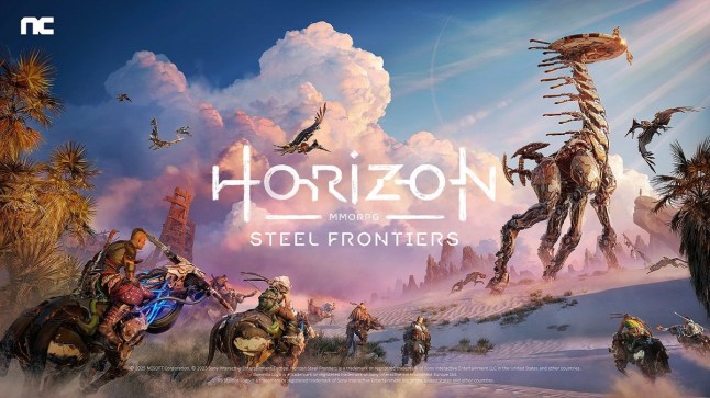 Horizon Steel Frontiers key art of tribesmen and women chasing after giant giraffe like robot