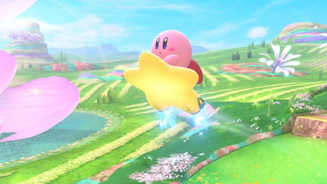 Kirby Air Riders screenshot of Kirby flying on a star.