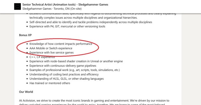 Sledgehammer Games job listing with a red circle around the section about Switch experience