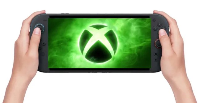 Xbox logo on Nintendo Switch 2 being held in a pair of hands