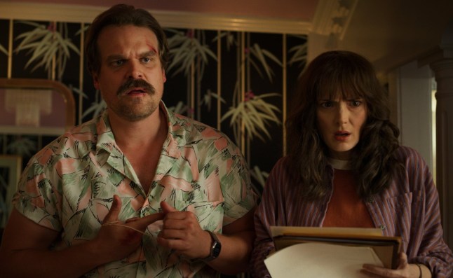 Editorial use only. No book cover usage. Mandatory Credit: Photo by Netflix/Kobal/REX/Shutterstock (10340534ax) David Harbour as Jim Hopper and Winona Ryder as Joyce Byers 'Stranger Things' TV Show Season 3 - 2019 When a young boy disappears, his mother, a police chief, and his friends must confront terrifying forces in order to get him back.