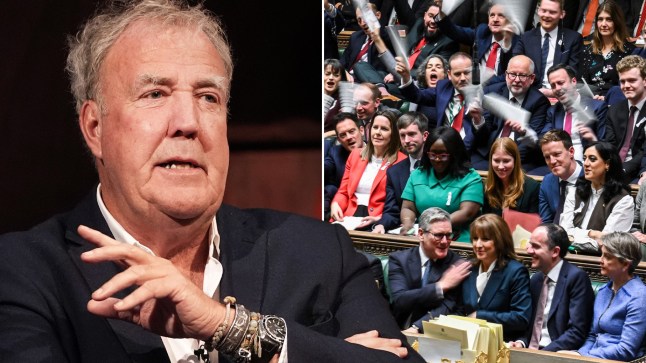 Jeremy Clarkson looks annoyed while on the other side of the image we see the Labour party in Westminster.