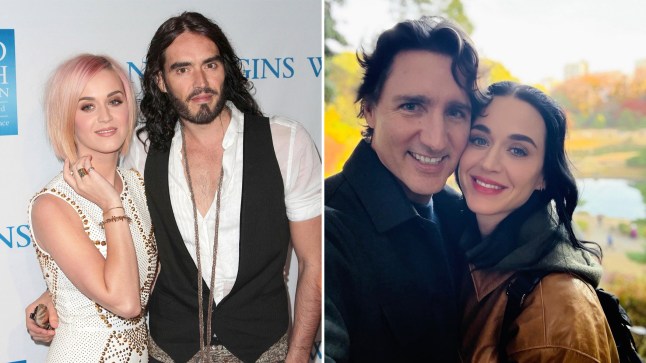 A compilation image of Katy Perry and Justin Trudeau taking a selfie, and Katy and Russell Brand posing together at a red carpet event