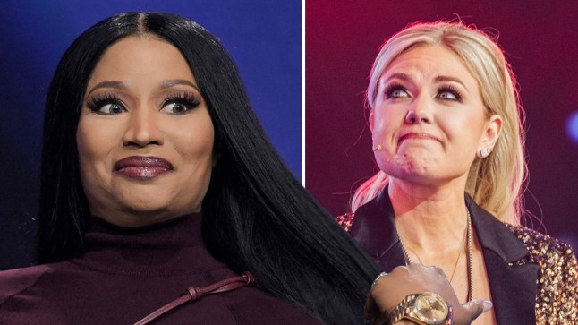 A compilation image of Nicki Minaj and Erika Kirk speaking onstage at Turning Point USA's AmFest.