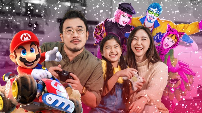 A family playing video games surrounded by Mario driving a go kart and multicoloured Just Dance characters