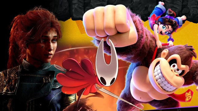 Video game collage of Donkey Kong, Clair Obscur: Expedition 33, and Hollow Knight: SIlksong