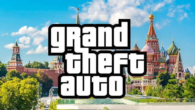 Grand Theft Auto logo over an image of the Kremlin (Metro)