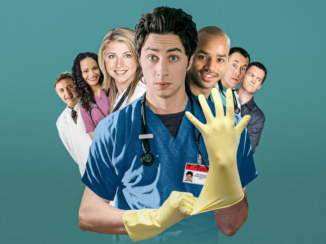 From ABC Studios Scrubs on ITVX Pictured: Bob Kelso [Ken Jenkins], Carla Espinosa [Judy Reyes], Elliot Reid [Sarah Chalke], John Michael "J.D." Dorian [Zach Braff], Christopher Turk [Donald Faison], Perry Cox [John C. McGinley] and Janitor [Neil Flynn]. This photograph is (C) ABC Studios and can only be reproduced for editorial purposes directly in connection with the programme or event mentioned above, or ITV plc. This photograph must not be manipulated [excluding basic cropping] in a manner which alters the visual appearance of the person photographed deemed detrimental or inappropriate by ITV plc Picture Desk. This photograph must not be syndicated to any other company, publication or website, or permanently archived, without the express written permission of ITV Picture Desk. Full Terms and conditions are available on the website www.itv.com/presscentre/itvpictures/terms