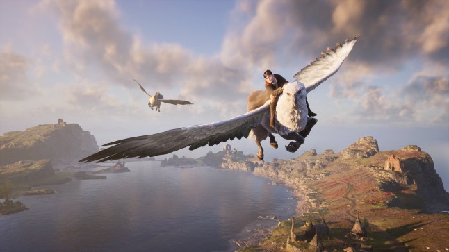 Hogwarts Legacy screenshot of a wizard flying a hippogriff