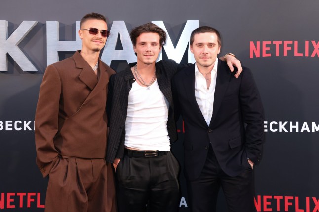 Mandatory Credit: Photo by Dave Hogan/Hogan Media/REX/Shutterstock (14135243z) Romeo Beckham, Cruz Beckham and Brooklyn Beckham 'Beckham' TV show premiere, Curzon Mayfair, London, UK - 03 Oct 2023