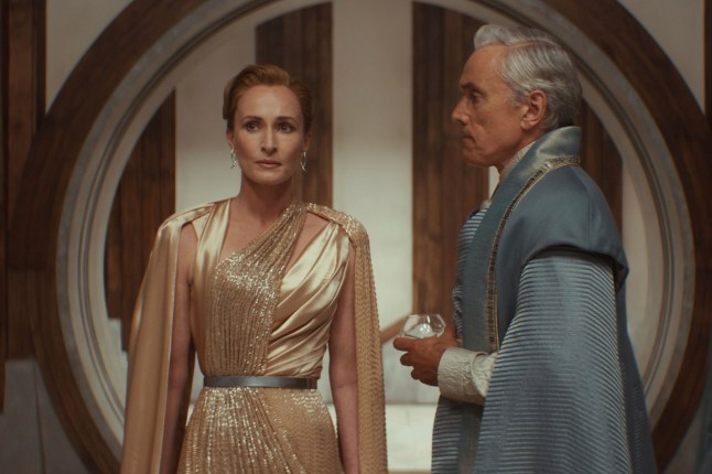 This image released by Disney+ shows Genevieve O'Reilly, as Mon Mothma, left, and Ben Miles, as Tay Kolma, in a scene from "Andor." (Lucasfilm Ltd./Disney+ via AP)