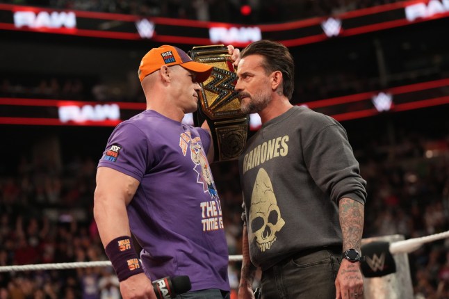 PHOENIX, ARIZONA - JUNE 9: John Cena and CM Punk face off during Monday Night RAW at PHX Arena on June 9, 2025 in Phoenix, Arizona. (Photo by Craig Ambrosio/WWE via Getty Images)