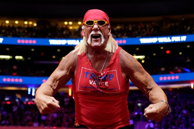 FILE- Hulk Hogan flexes on stage before Republican presidential nominee former President Donald Trump speaks at a campaign rally at Madison Square Garden, Sunday, Oct. 27, 2024, in New York. (AP Photo/Alex Brandon, file)