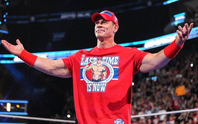MONTREAL, CANADA - AUGUST 8: John Cena acknowledges the crowd during SmackDown at Bell Centre on August 8, 2025 in Montreal, Canada. (Photo by Michael Owens/WWE via Getty Images)
