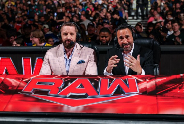 DENVER, COLORADO - SEPTEMBER 2: Wade Barrett and Joe Tessitore calling the match during Monday Night RAW at Ball Arena on September 2, 2024 in Denver, Colorado. (Photo by WWE/Getty Images)