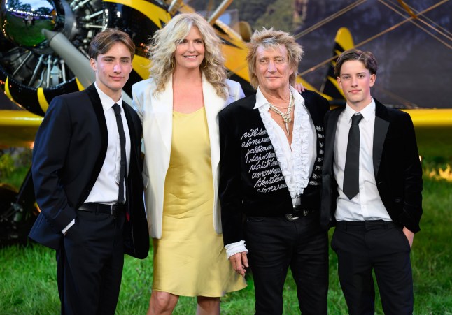 LONDON, ENGLAND - MAY 15: Alastair Stewart, Penny Lancaster, Rod Stewart and Aiden Stewart attend the "Mission: Impossible - The Final Reckoning" Global Premiere in Leicester Square on May 15, 2025 in London, England. (Photo by Karwai Tang/WireImage)