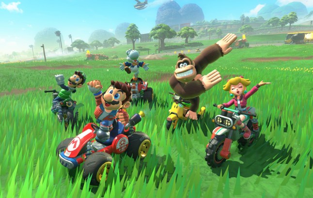 Mario, Luigi and Donkey Kong in Mario Kart World's free roam