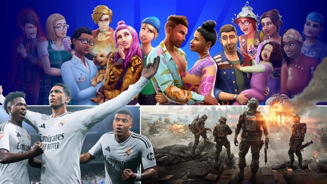 Collage of franchises EA Sports FC The Sims and Battlefield