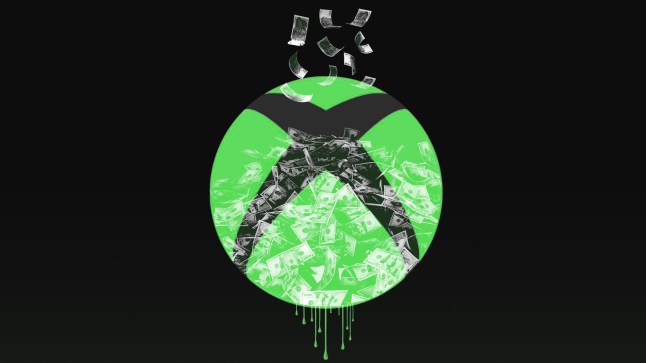 Xbox logo against a black background with money dripping down