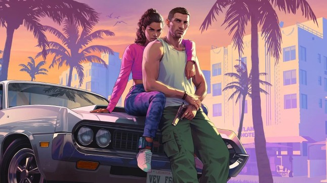 GTA 6 key art of Jason and Lucia leaning against a car