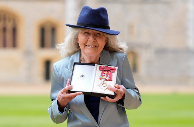 WINDSOR, ENGLAND - MAY 14: Dame Jilly Cooper after being made a Dame Commander of the British Empire by King Charles III during an investiture ceremony at Windsor Castle on May 14, 2024 in Windsor, England. (Photo by Andrew Matthews - Pool/Getty Images)