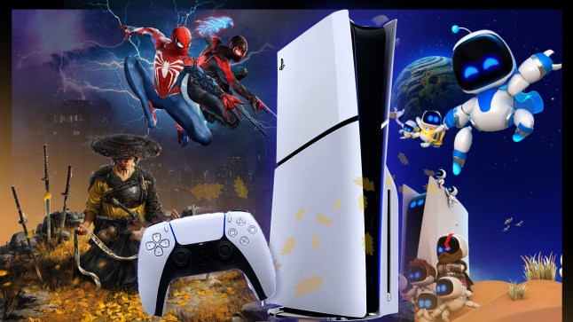PlayStation 5 collage of console, Spider-Man 2, Astro Boy, and Ghost of Yotei
