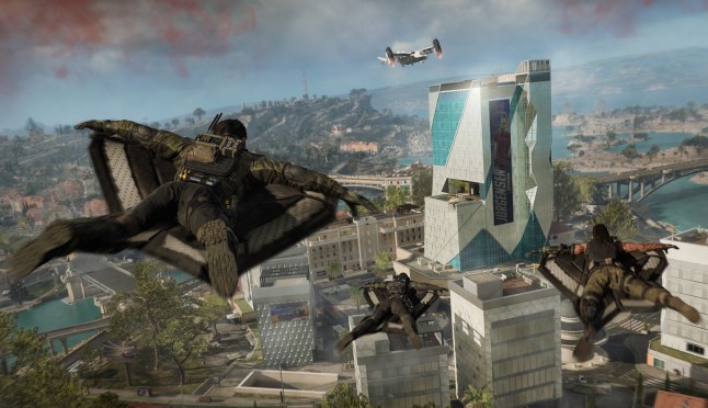 Call Of Duty: Black Ops 7 screenshot of a solider using a wingsuit on the Avalon map