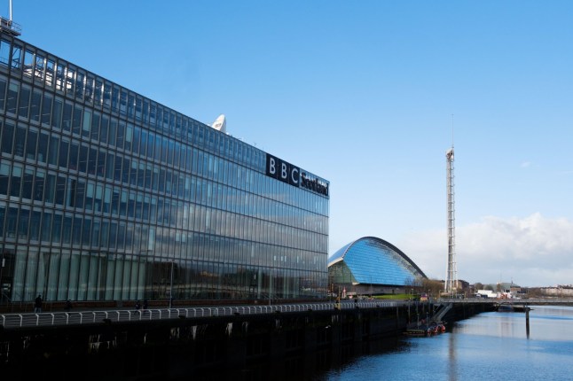2WMXEK0 Glasgow Scotland: 13th Feb 2024: BBC Pacific Quay sunny day BBC Scotland on River Clyde