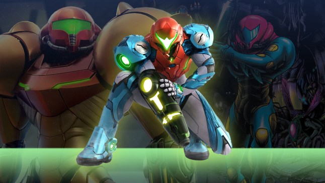 Samus Aran from Metroid in a crouching pose with two other versions of her in different armour in the background