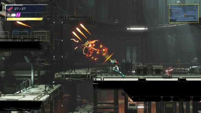 Metroid Dread 2D gameplay of Samus shooting at an alien enemy floating above her