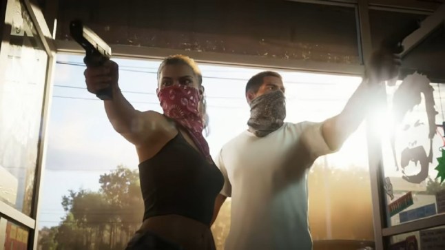 GTA 6 Lucia and Jason with bandanas covering their mouths bursting into a shop while pointing guns