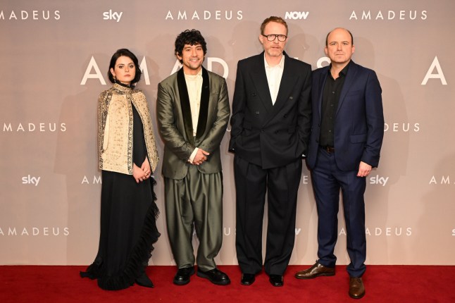 LONDON, ENGLAND - DECEMBER 02: (L-R) Gabrielle Creevy, Will Sharpe, Paul Bettany and Rory Kinnear attend the "Amadeus" World Premiere at the Odeon Luxe Leicester Square on December 02, 2025 in London, England. (Photo by Ben Montgomery/Getty Images)