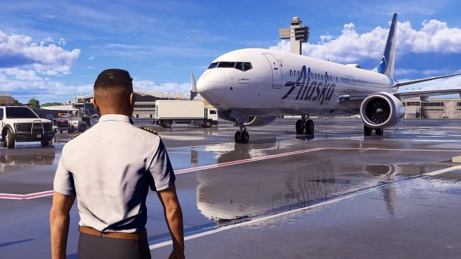 Microsoft Flight Simulator 2024 screenshot of a plane and pilot on the tarmac