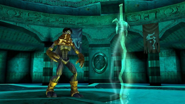 Legacy of Kain Raziel standing in front of floating green sword
