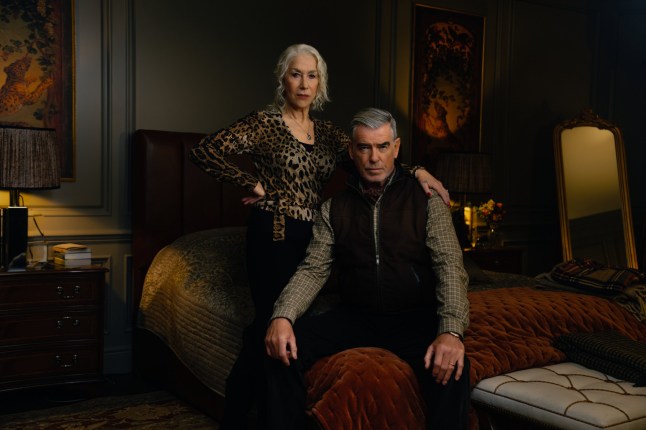 L-R Helen Mirren as Maeve Harrigan and Pierce Brosnan as Conrad Harrigan in Mobland, season 1, Streaming on Paramount+ 2025. Photo Credit: Jason Bell/Paramount+