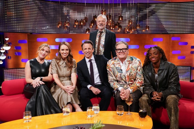 EDITORIAL USE ONLY Kate Winslet, Jacinda Ardern, Seth Meyers, Graham Norton, Alan Carr and Cat Burns during filming for the Graham Norton Show, at BBC Studioworks 6 Television Centre, Wood Lane, London, to be aired on BBC One on Friday evening. Picture date: Thursday December 4, 2025. PA Photo. Photo credit should read: Ian West/PA Media Assignments