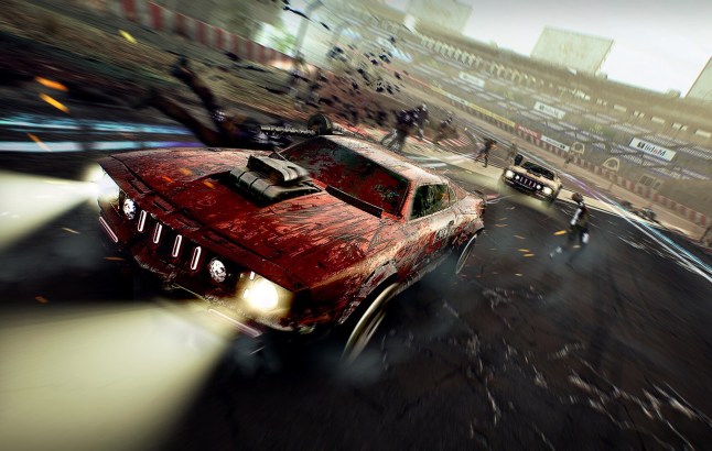 Car mowing down zombies in Carmageddon: Rogue Shift
