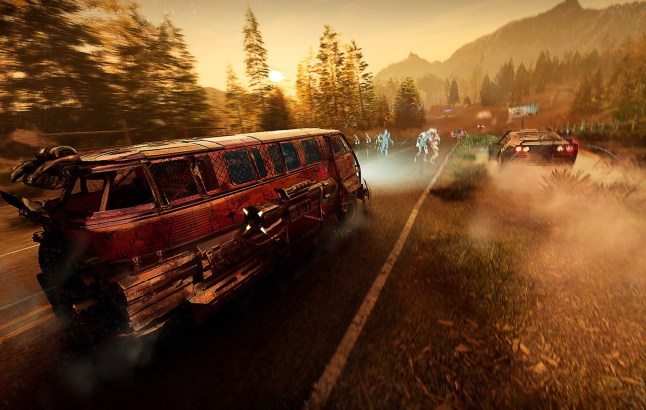 A van cruising down the road in Carmageddon: Rogue Shift