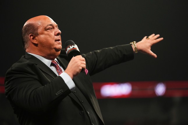 KANSAS CITY, MISSOURI - DECEMBER 08: Paul Heyman speaks during Monday Night RAW at T-Mobile Center on December 8, 2025 in Kansas City, Missouri. (Photo by Cooper Neill/WWE via Getty Images)