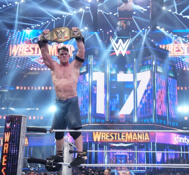 LAS VEGAS, NEVADA - APRIL 20: Cody Rhodes (Blue/Pants) vs John Cena (Jean shorts) with Travis Scott (All Black) during WrestleMania 41 Sunday at Allegiant Stadium on April 20, 2025 in Las Vegas, Nevada.