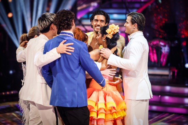 EMBARGOED TO 2030 SUNDAY DECEMBER 14 For use in UK, Ireland or Benelux countries only BBC handout photo of Balvinder Sopal and Julian Caillon and The Strictly Come Dancing 2025 Celebrities and Professional Dancers during the results show of Strictly Come Dancing on BBC1. Issue date: Sunday December 14, 2025. PA Photo. See PA story SHOWBIZ Strictly. Photo credit should read: Guy Levy/BBC/PA Wire NOTE TO EDITORS: Not for use more than 21 days after issue. You may use this picture without charge only for the purpose of publicising or reporting on current BBC programming, personnel or other BBC output or activity within 21 days of issue. Any use after that time MUST be cleared through BBC Picture Publicity. Please credit the image to the BBC and any named photographer or independent programme maker, as described in the caption.