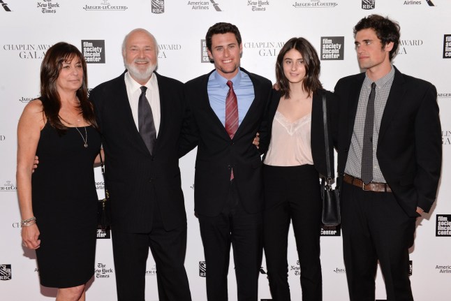 FILE - Honoree Rob Reiner, second left, poses with his wife Michele, left, and children Nick, center, Romy, and Jake at the 41st Annual Chaplin Award Gala at Avery Fisher Hall, April 28, 2014, in New York. (Photo by Evan Agostini/Invision/AP, File)