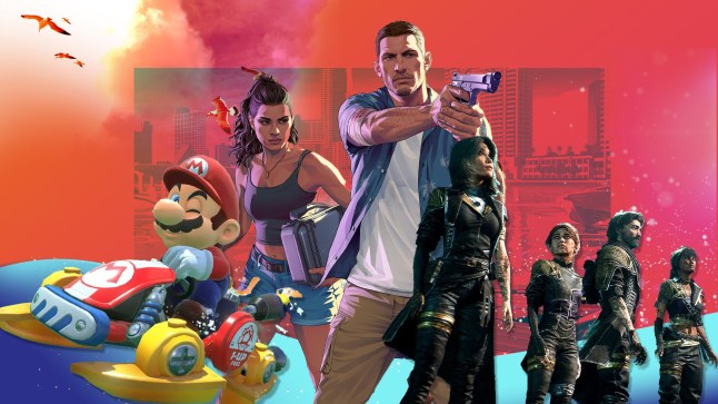 Collage of GTA 6 characters, Mario on a go kart, and Clair Obscur Expedition 33 cast